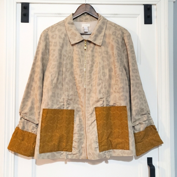 Chicos Womens 3 XL Leopard Full Zip Jacket Cotton Linen Beige Musturd Metallic - Picture 1 of 10